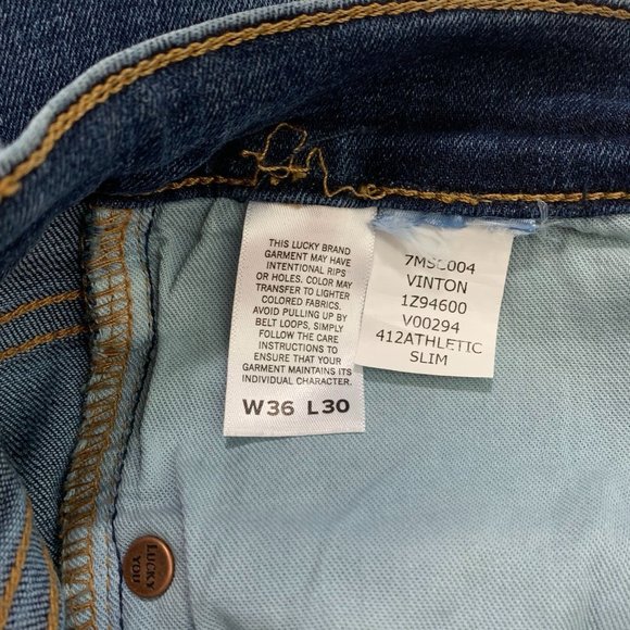 Lucky Brand Men's Jeans 412 Athletic Slim Jean Blue Vinton Size 36 x 30 NWOT - Picture 4 of 7